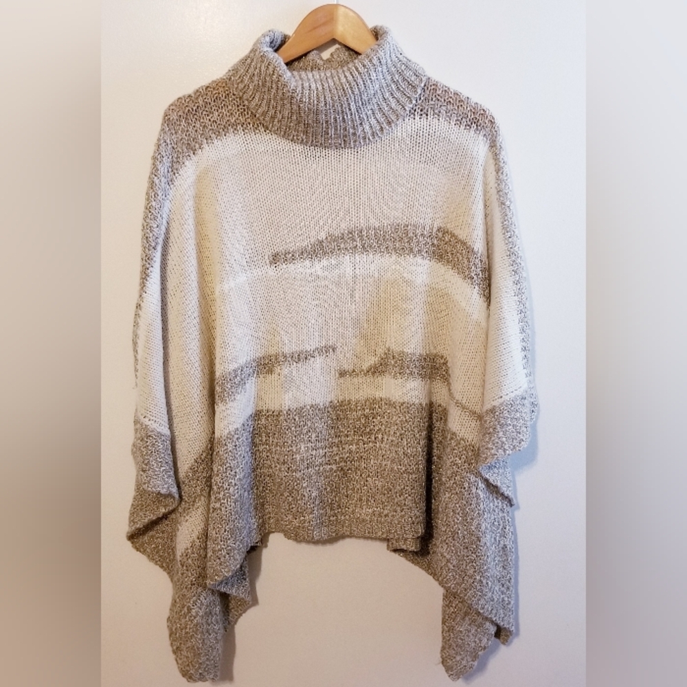 Midnight Velvet Beige White Turtleneck Waffle Knit Shawl Poncho Wrap One Size - Picture 3 of 8